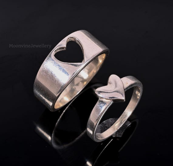 Sterling Silver Heart Puzzle Couple Rings: Matching Promise Bands