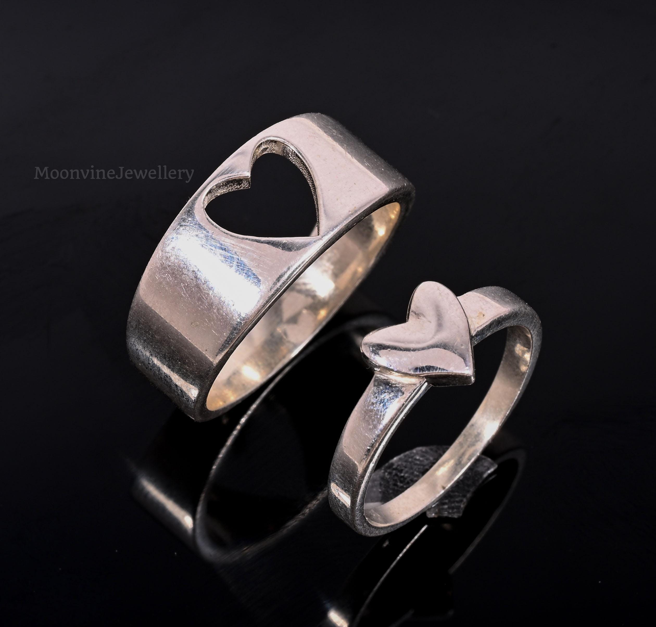 Sterling Silver Heart Puzzle Couple Rings: Matching Promise Bands
