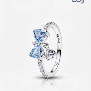 Light Blue Crystal Bow Ring in S925 Sterling Silver, Dainty Butterfly Ribbon Ring for Women, Sparkly Promise Ring, Gift for Her