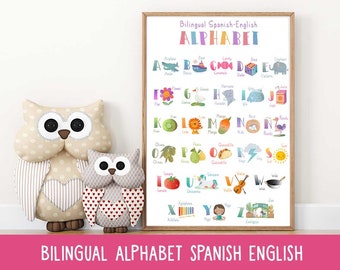 Bilingual alphabet Spanish English Preschool Educational Classroom deco Toddler Playroom kids Montessori Classroom decor, Digital Download