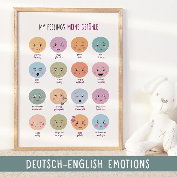 Deutsch & english emotions, Bilingual feelings, Preschool Poster, Toddler Learning poster, Montessori Classroom decor, Digital Download,