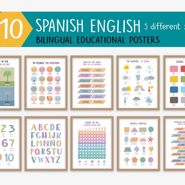 10 bilingual Spanish English Preschool posters, Toddler learning poster, Playroom decor, Montessori Classroom decor, Digital Downloadd