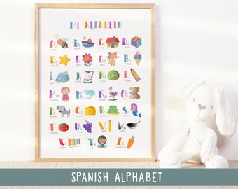 Spanish alphabet poster with funny drawings, Preschool Educational Homeschool, Toddler Playroom Montessori Classroom decor, Digital Download