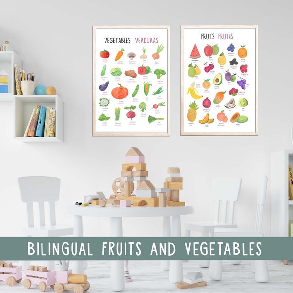 Set of 2 bilingual fruits and vegetables educational posters, spanish-english, Kids Toddler Playroom, Montessori Classroom, Digital Download