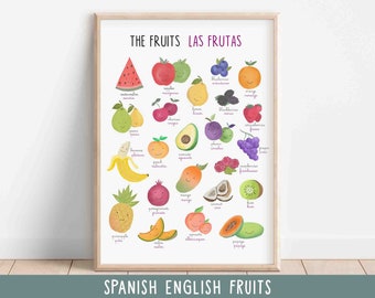 Spanish & english fruits, Bilingual Preschool Educational poster, Toddler Playroom decor, Montessori Classroom decor, Digital Download
