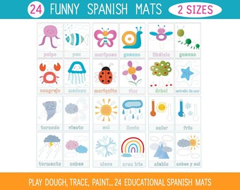 24 Spanish funny mats, Play Dough, trace or paint, Nature and Weather, toddler Preeschool, ideal for summer educational activities for kids