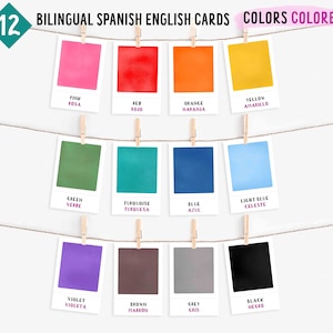 12 Bilingual Colors Spanish English Educational Preeschool cards, for small kids, Toddler Playroom, Montessori flashcards. Instant Download