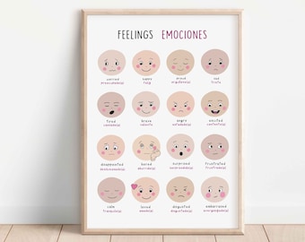 Spanish & english emotions, Bilingual feelings, Preschool Poster, Toddler Learning poster, Montessori Classroom decor, Digital Download,