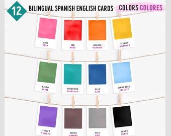 12 Bilingual Colors Spanish English Educational Preeschool cards, for small kids, Toddler Playroom, Montessori flashcards. Instant Download