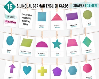 16 Shapes Deutsch English Bilingual Educational Preeschool Flash cards for kids, Montessori Materials Geometric Flash Cards Instant Download
