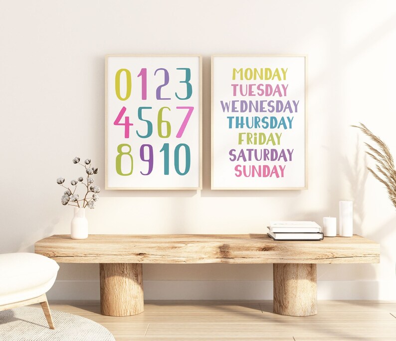 2 Numbers & weekdays Posters, Preschool Educational Prints, Kids Decor, Toddler Playroom and Montessori Classroom decor, Digital Download, image 1