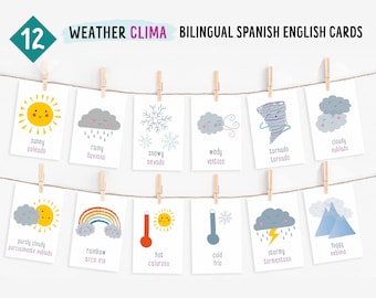 12 Bilingual Weather Cards Spanish English Educational Preeschool, for small kids, Toddler Playroom, Montessori flashcards. Instant Download