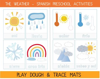 The Weather Play Dough mats, trace 12 cards Spanish toddler activity printable, Preeschool kids summer activity, Educational activity