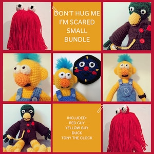 PDF Crochet Pattern - Don&#39;t Hug Me I&#39;m Scared (Duck, Yellow Guy, Red Guy, Clock)