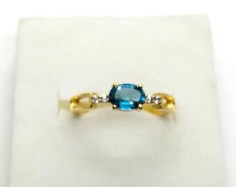 Handmade Oval Blue Topaz 14K Gold Ring, Moissanite Accents