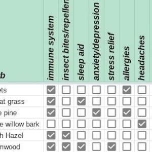May include: A chart with a list of herbs and their medicinal properties. The chart is divided into columns for each body system and lists the herbs that are beneficial for each system. The herbs listed include violets, wheat grass, white pine, white willow bark, witch hazel, and wormwood.