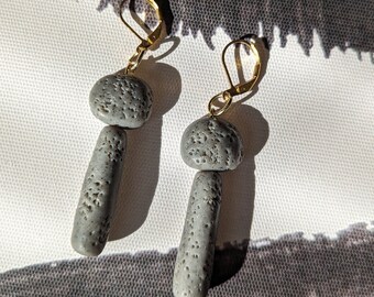 Textured Bead Contemporary Abstract Gray Porous Rock Women's Dangle Earrings "On The Rocks" - Black Oreja Designs