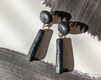 Textured Bead Contemporary Abstract Black Porous Rock Women's Dangle Earrings "On The Rocks" - Black Oreja Designs