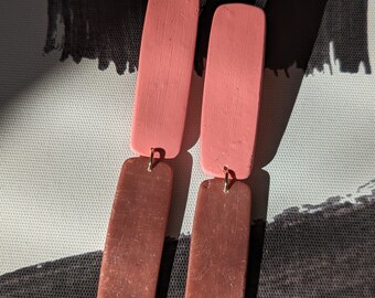 Minimalist Pink and Mauve Rectangle Abstract Dangle Distressed Earring "Tattered" - Black Oreja Designs