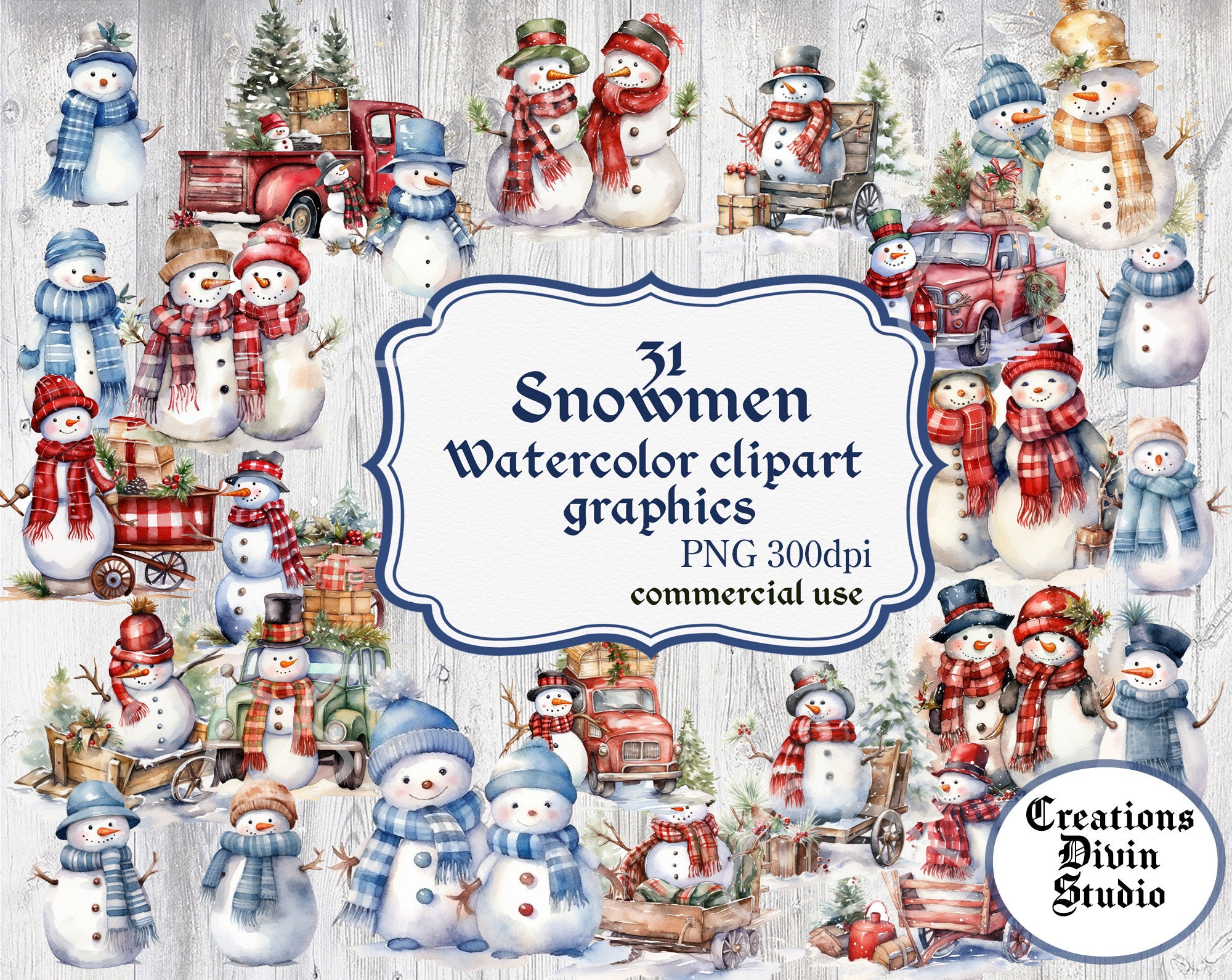 Watercolor Snowmen Clipart Graphics Bundle, Scrapbooking (PNG, Digital ...