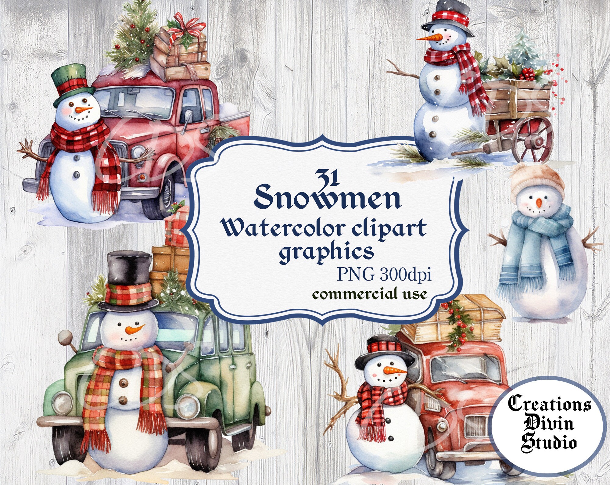Watercolor Snowmen Clipart Graphics Bundle, Scrapbooking (PNG, Digital ...