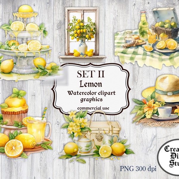 Watercolor, Lemon Clipart, SET II, Bundle, digital png, lemonade, citrus fruit, graphics, instant download, commercial use
