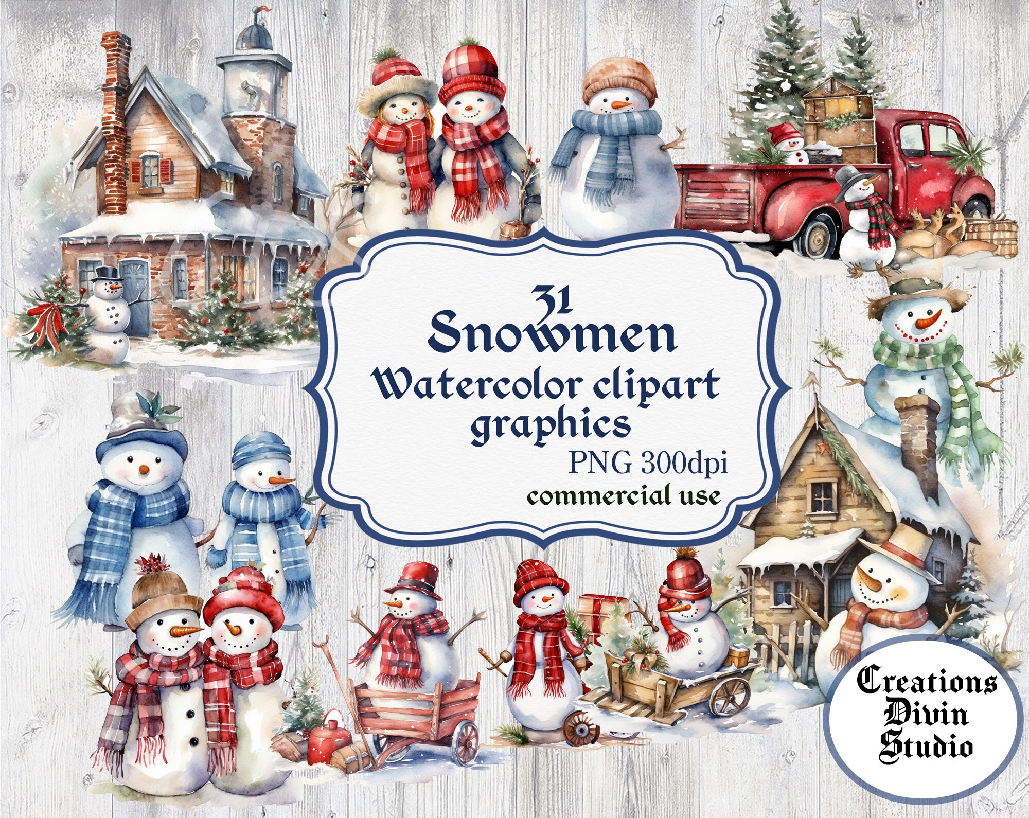 Watercolor Snowmen Clipart Graphics Bundle, Scrapbooking (PNG, Digital ...