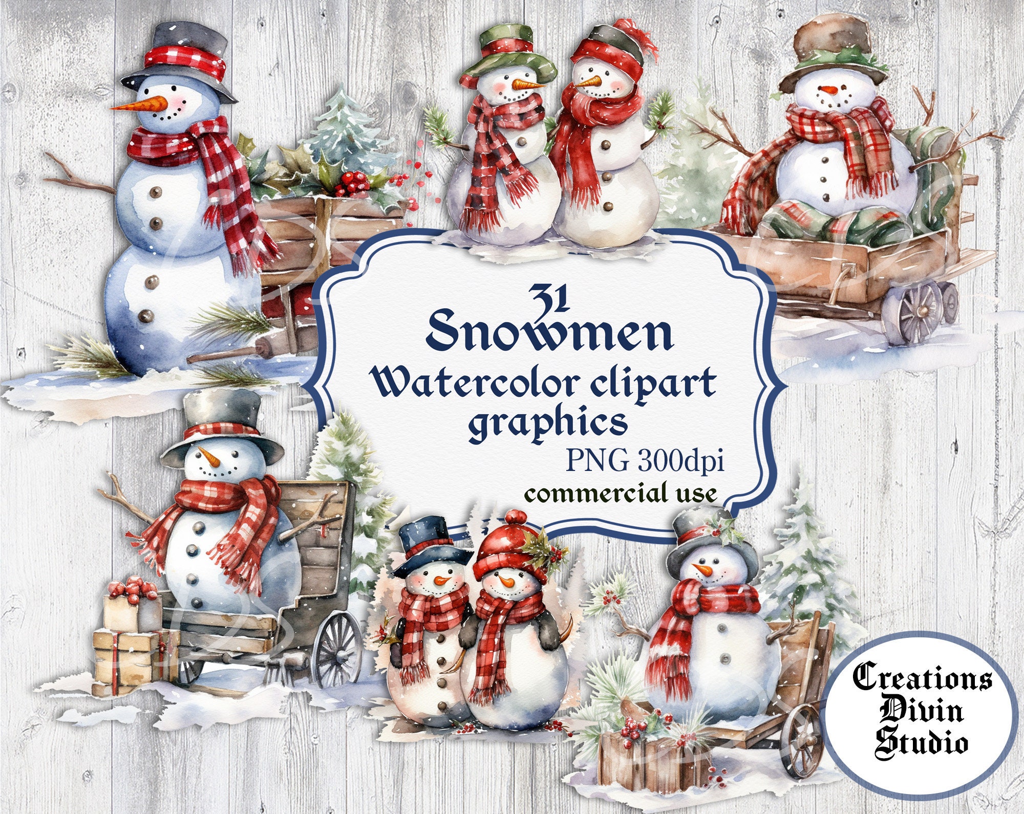 Watercolor Snowmen Clipart Graphics Bundle, Scrapbooking (PNG, Digital ...