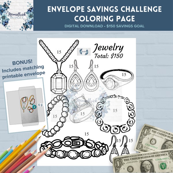 Jewelry money saving challenge tracker, cash stuffing envelope & coloring page included. Perfect budget goal aid for kids, teens, and adults