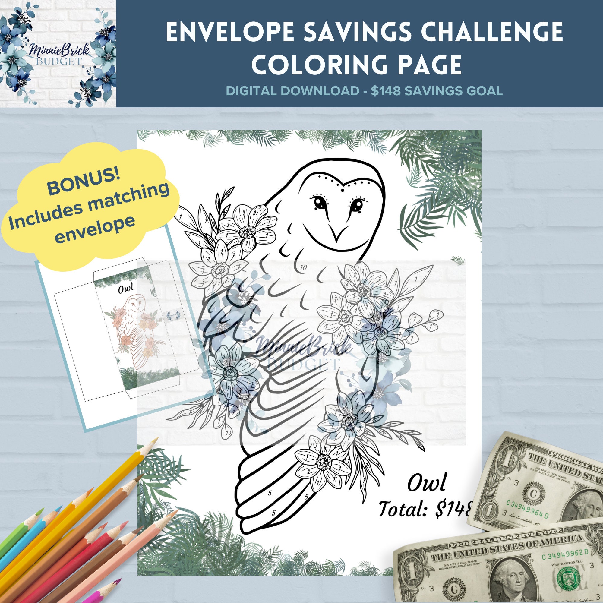 Owl Savings Challenge Tracker: Coloring Page & Envelope (Digital Download)