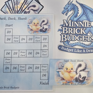 May include: A game board and cards featuring a cartoon duck and skunk. The game board has a grid with spaces labeled D3, D4, and D6. The game is called "Duck, Duck, Skunk" and is from "Minnie Brick Budgets". A blue dragon logo is also present.