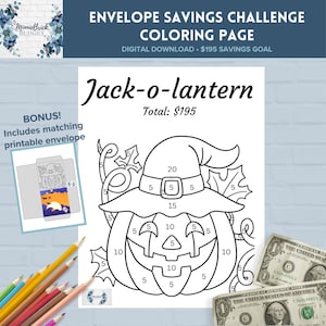 May include: Black and white coloring page of a jack-o-lantern wearing a witch's hat. The page includes numbers for a savings challenge with a total goal of $195. The text "Jack-o-lantern" and "Total: $195" is included on the page.