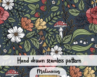 Flower Strawberry Mushroom Seamless Pattern (Digital Download)