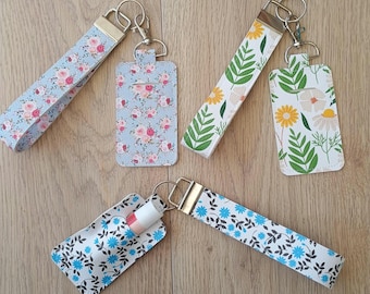 Floral Wristlet Keychain with Lip Balm Holder, Fabric Key Fob, Handmade Accessory