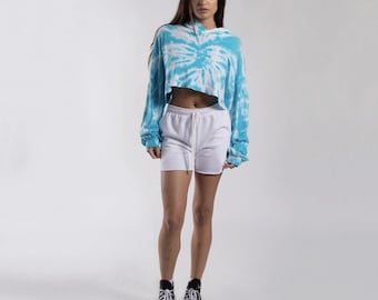 KURZER HOODIE AUS 100% BAUMWOLLE | Tie Dye | Lässige Loose Fit | Gemütlicher Pullover | Festival-Mode