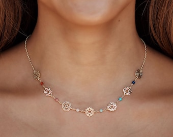 Sieben Chakras Halskette, Gold Boho Yoga Schmuck, Energie Heilung Charme