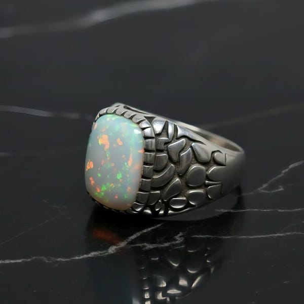 Ring van 925 sterling zilver met Ethiopische opaal, handgemaakte statement ring voor mannen en vrouwen