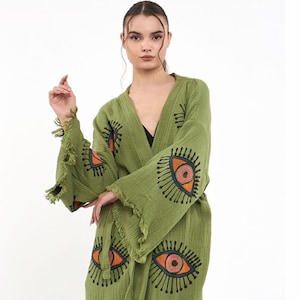 Green Evil Eye Pattern Festival Kimono Robe, Ethnic Patterned  Morning Robe, Beach Cover Up, Robe for Pool, Beach and Spa, Gift for Her