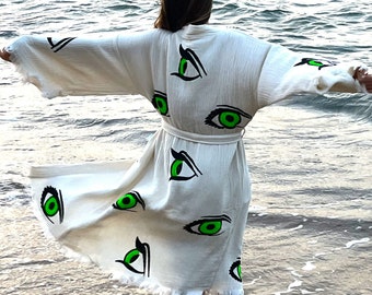 Green Evil Eye Handmade Kimono, Boho Kimono, Hijab Kimono, Organic Cardigan, Beach Coverup, Cotton Kaftan, Special Gift