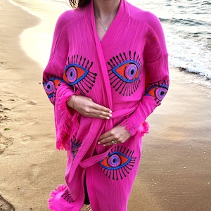 Pink Evil Eye Handmade Kimono, Boho Kimono, Hijab Kimono, Organic Cardigan, Beach Coverup, Cotton Kaftan, Special Gift