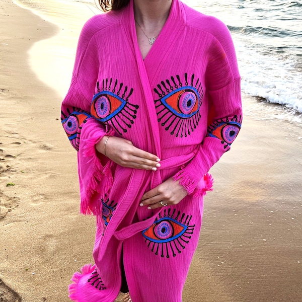Kimono rosa malocchio fatto a mano, kimono Boho, kimono Hijab, cardigan organico, copertura da spiaggia, caftano di cotone, regalo speciale