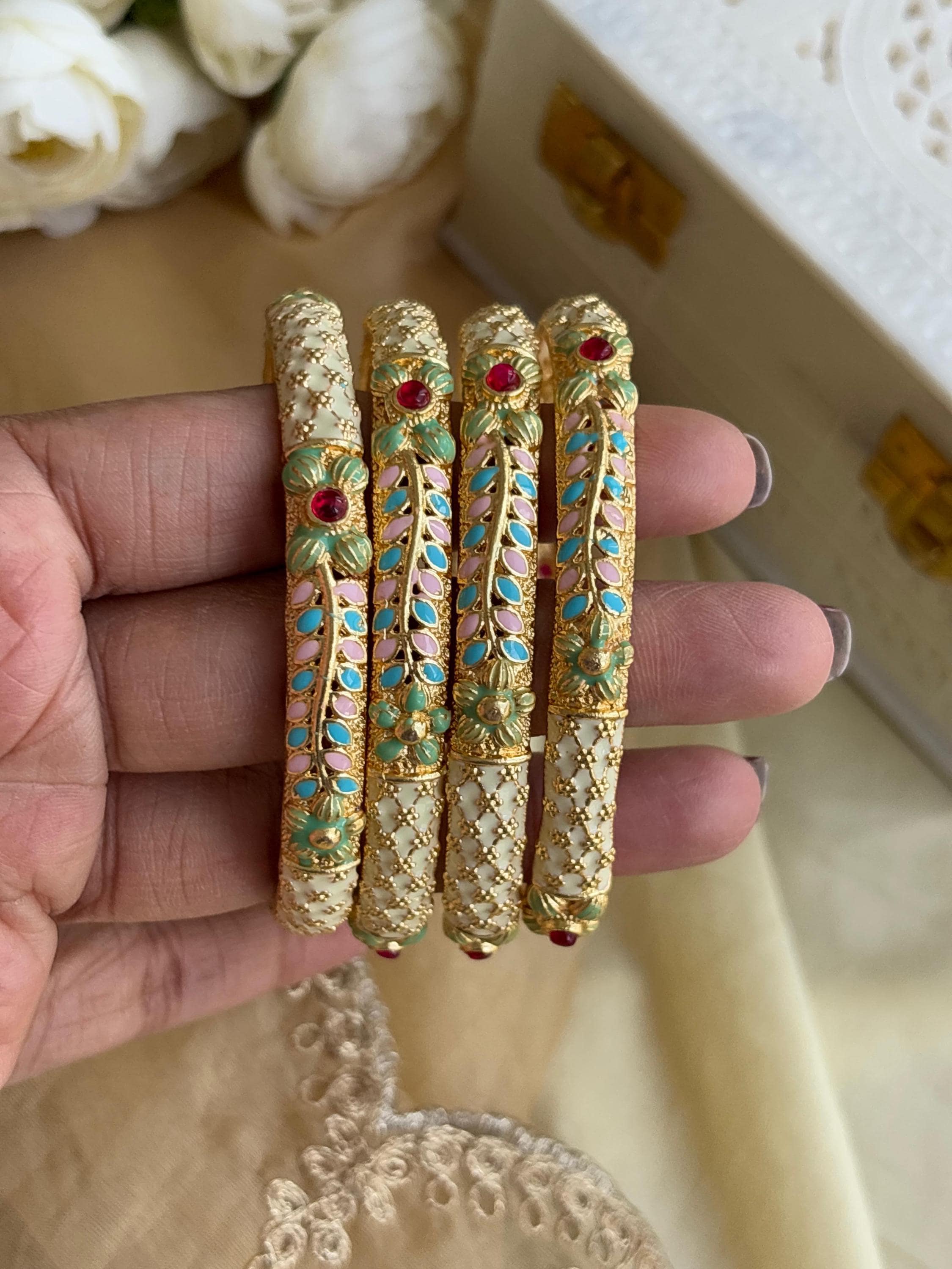 Meenakari Bangles Set of 4 Gold Like Kangans Red Green Chudi