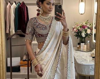 Op Sabyasachi geïnspireerde Saree Maroon Beige Saree Blauwe Saree Beige Saree Roze Beige Saree Designer zijden Sari geborduurde blouse witte Saree