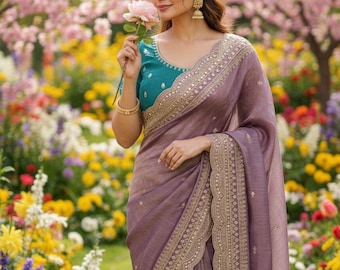Sabyasachi Inspired Saree Purple Saree With  Embroidered Border Lavender Purple Saree Tissue Silk Saree Party Wear Saree Designer Celebrity