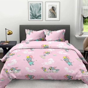 Sábanas para niños Ropa de cama con estampado de dibujos animados Cubrecamas con estampado de Tom y Jerry Sábanas con estampado de personajes adorables Colores pastel Decoración divertida para la habitación Cama infantil