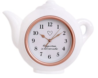White And Rose Gold Teapot Shaped Kitchen Clock | Modern Wall Mounted Analogue Kettle Wall Clock | 'Happiness Is Homemade ' - 28CM