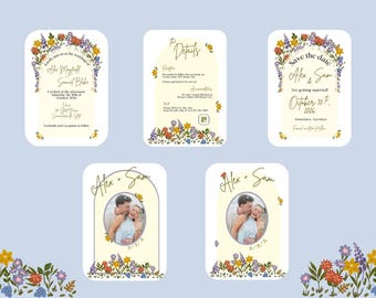 May include: A collection of wedding stationery cards with floral designs. The cards include details such as the names Alex & Sam, the wedding date, and event information. The cards are decorated with colorful flowers and a photo.