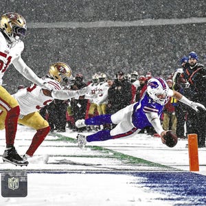 Buffalo Bills Josh Allen Leap into the End Zone During The 2024 Season vs. The 49ers 8x10 Action Photo Picture
