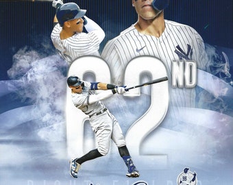 May include: A baseball-themed poster featuring Aaron Judge of the New York Yankees. The image includes action shots of Judge, the number 62, and the words "Home Run" and "October Fourth, 2022". A baseball is in the lower left corner.