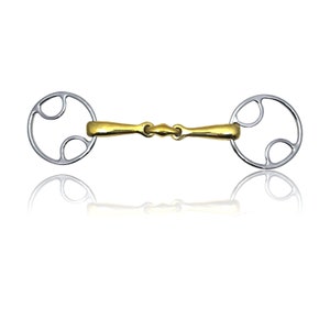 May include: A gold-plated horse bit with two round, silver mouthpieces featuring a unique, multi-hole design.